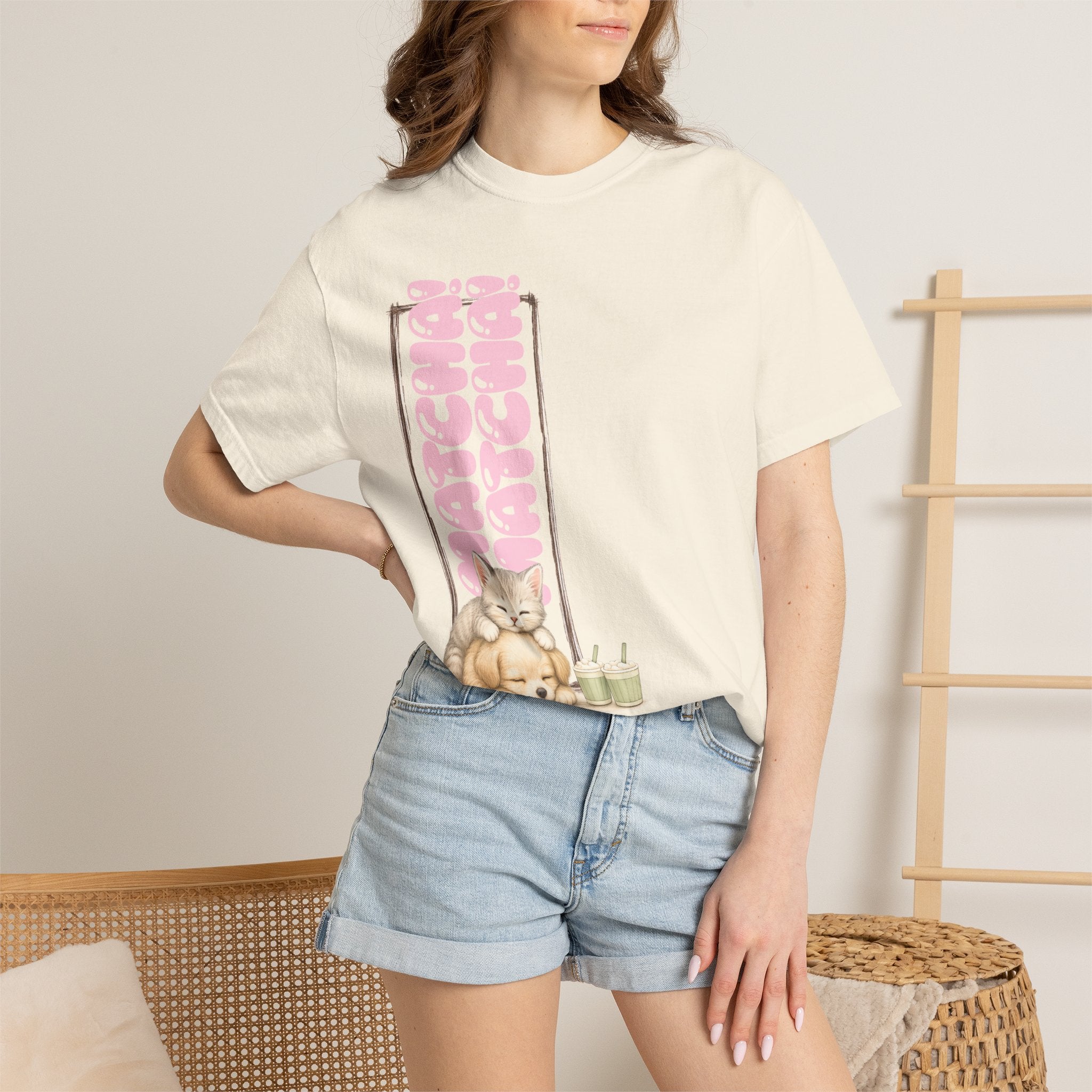 Cute Matcha! Matcha! Kitty and Puppy T-Shirt — Sleeping Cat & Dog Graphic Tee
