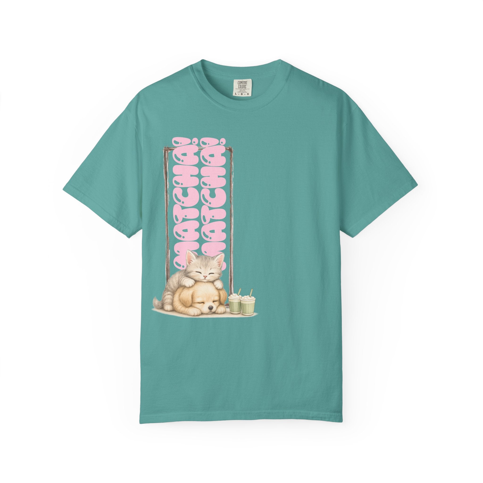 Cute Matcha! Matcha! Kitty and Puppy T-Shirt — Sleeping Cat & Dog Graphic Tee