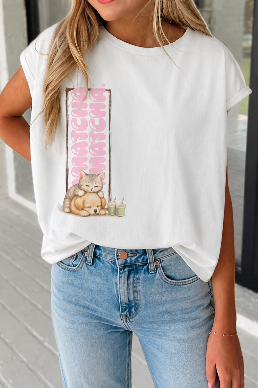 Cute Matcha! Matcha! Kitty and Puppy T-Shirt — Sleeping Cat & Dog Graphic Tee