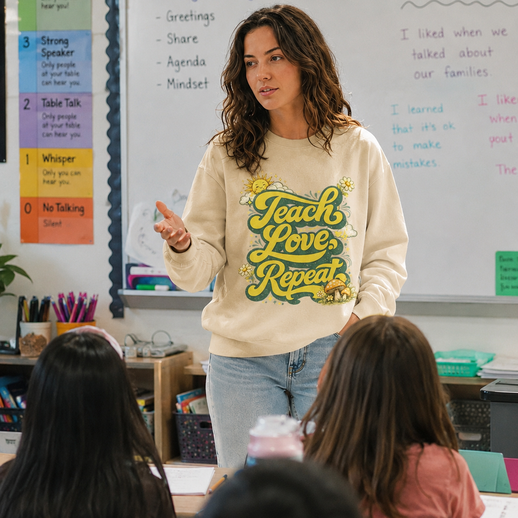 Teach Love Repeat Sweatshirt — Retro Teacher Crewneck